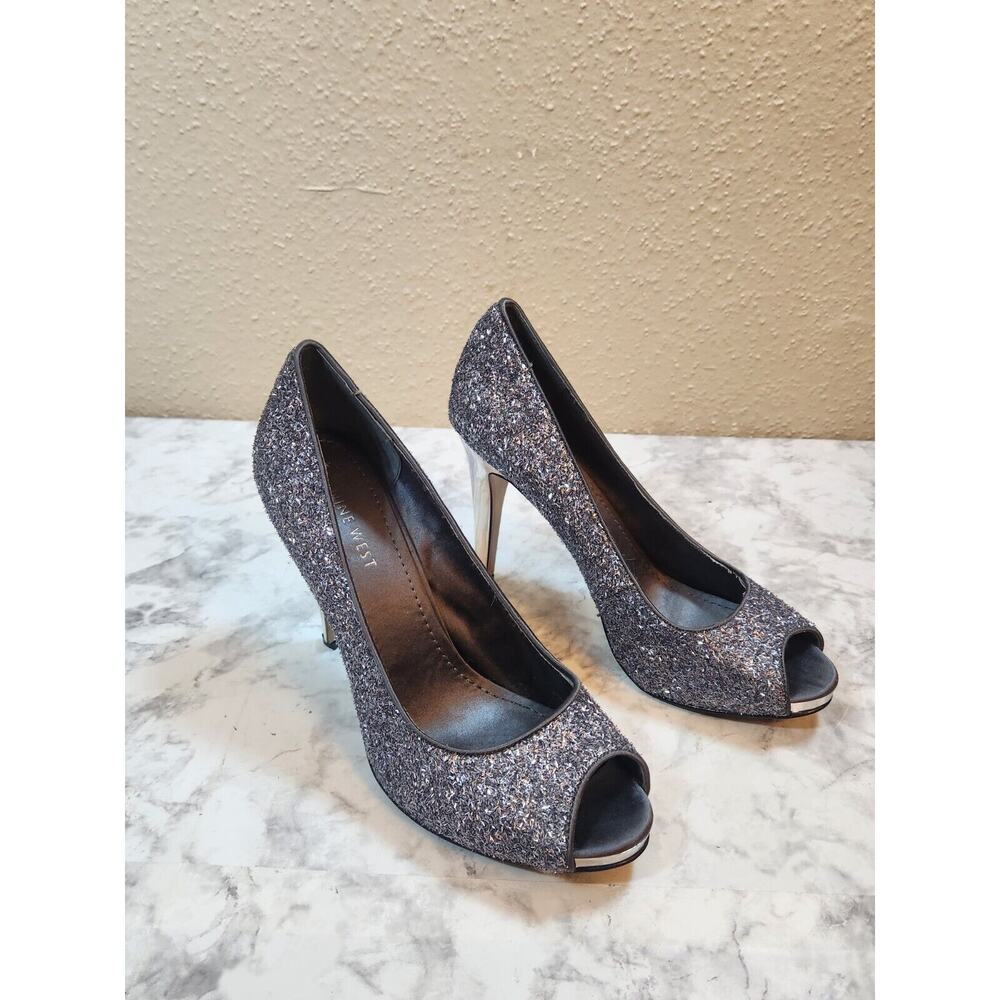 Nine‎ West Women's Escher Gray Silver Peep Toe Glitter Pumps Heels Size 8M